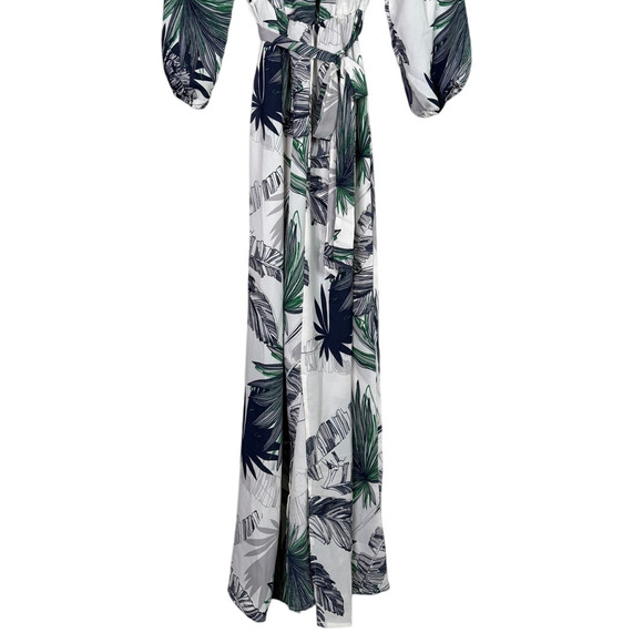 NEW Boho Tropical Palm Print Off Shoulder Maxi Dress 3/4 Sleeve TieWaist L White - Picture 10 of 15